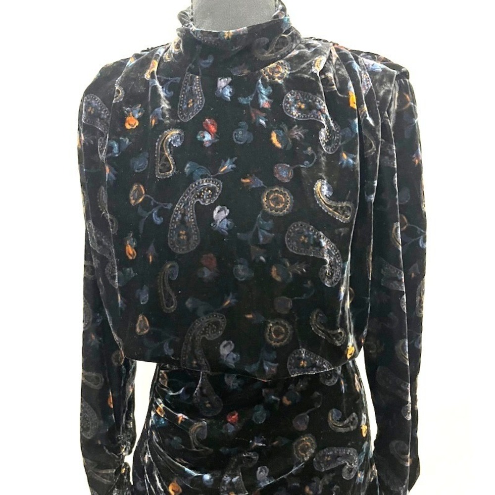 ZARA Velvet Paisley Mock Neck Open Back Dress Black Blue XS Ruched Mini GUC